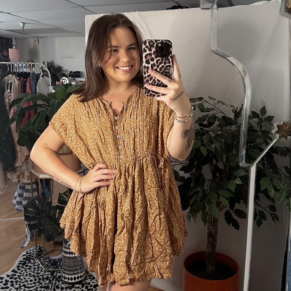 Free People One Fine Day Floral Short Sleeve Mini Dress tan